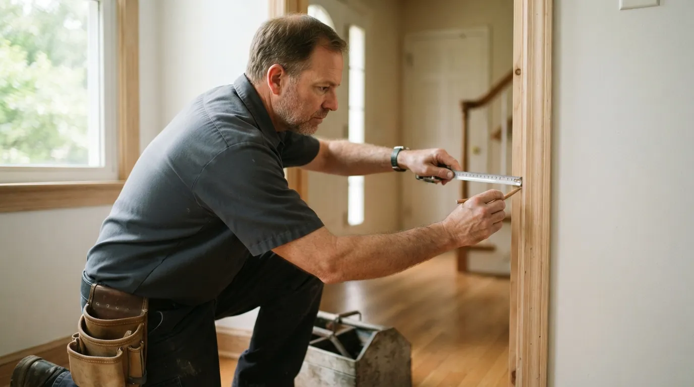 A handyman measuring a doorway inside a home, sunlight from a nearby window lighting the tools and hands