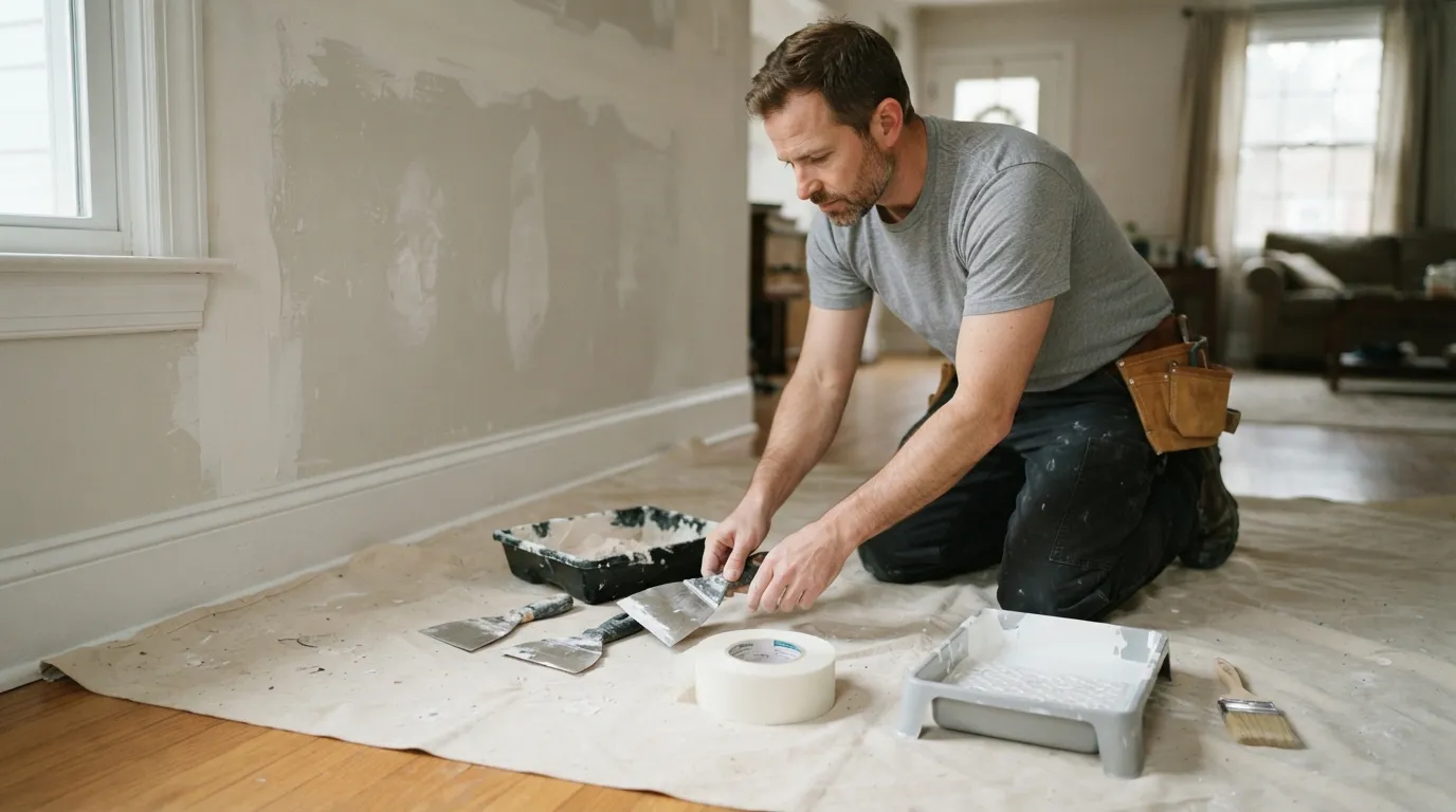 A contractor laying out patching materials and a paint tray on a drop cloth, soft overhead light showing texture of the drywall