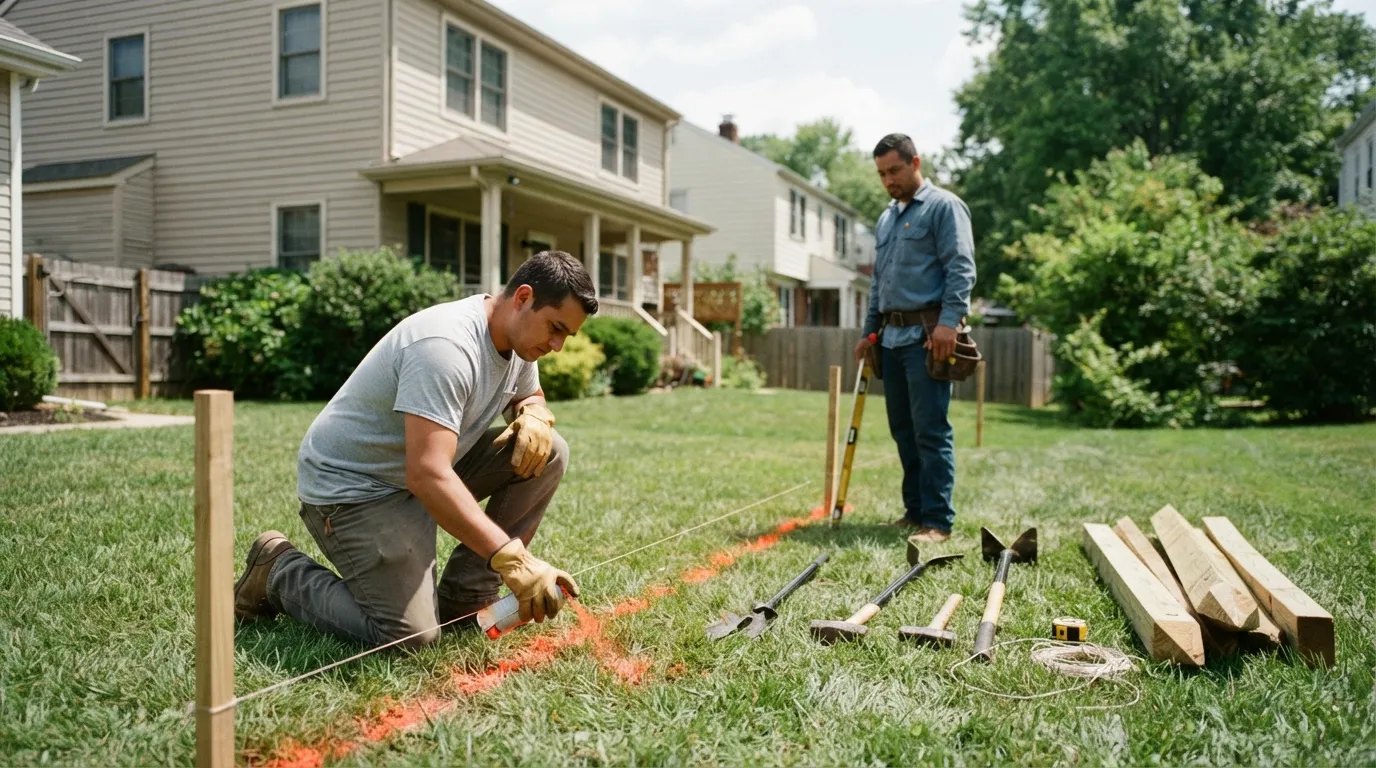 Installers marking fence line with spray paint on a suburban yard at midday, posts and tools laid out on the grass