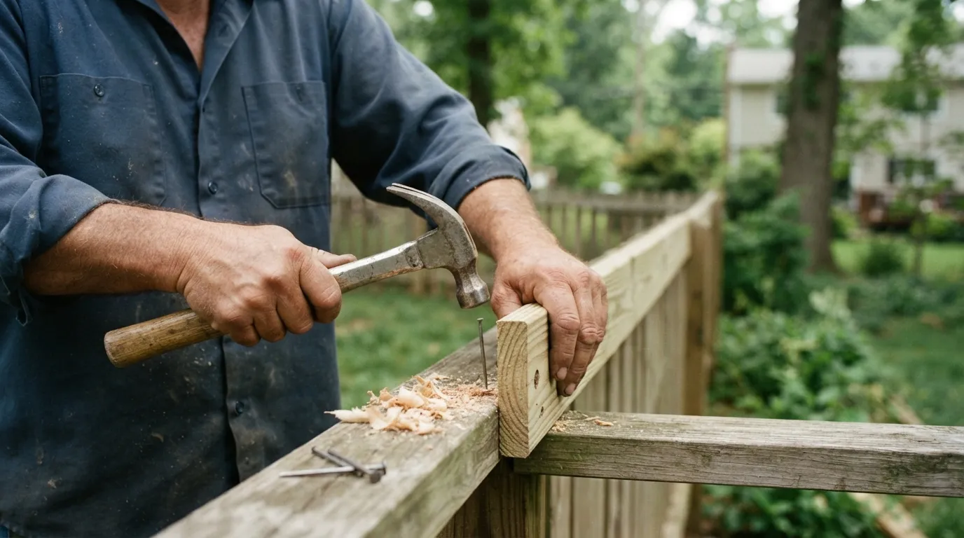 Close-up of hands fitting a fence board to a wooden rail with natural light, tools and wood shavings visible