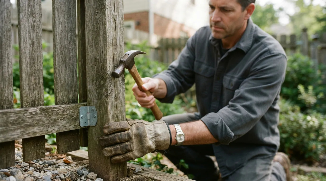 Close-up of a weathered wood privacy fence panel, morning light on hand and tool checking a post