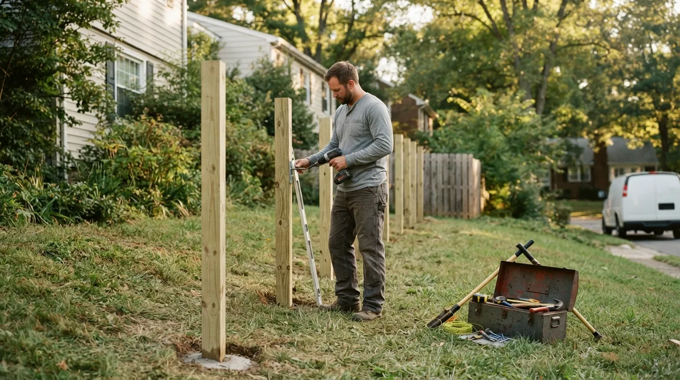 Installer standing beside a row of newly set posts on a slight slope, late afternoon light and tools on the ground